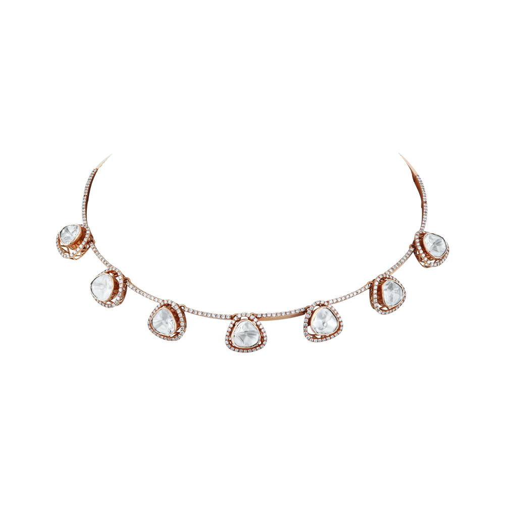 Rose Gold Polki Necklace with Brilliant-Cut Diamond Halo